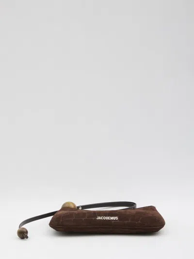 Jacquemus Le Bisou Perle Embellished Leather-trimmed Croc-effect Suede Shoulder Bag In Brown