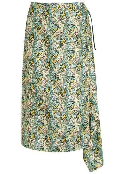 Tory Burch Printed Silk Midi Wrap Skirt In Green
