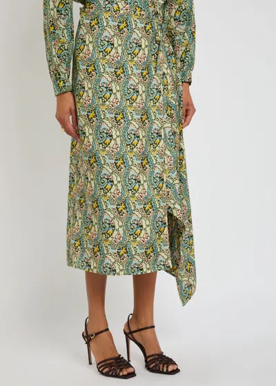 Tory Burch Printed Silk Midi Wrap Skirt In Green
