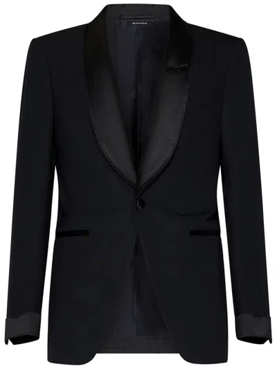 Tom Ford Mens Black Shawl-lapel Tapered-leg Master Evening Wool Suit In Blue