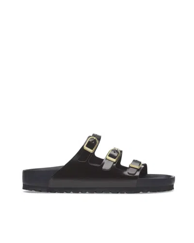 Birkenstock Arizona Sandalwood In Black Patent Leather With Three Buckles In Black