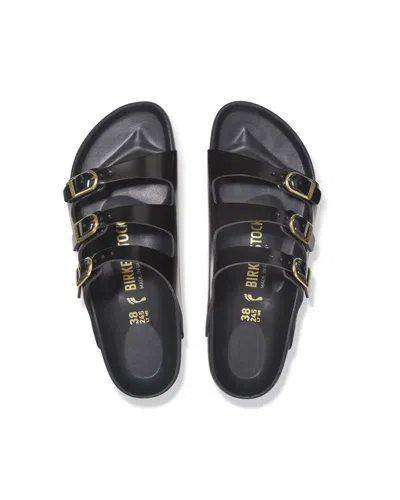Birkenstock Arizona Sandalwood In Black Patent Leather With Three Buckles In Black