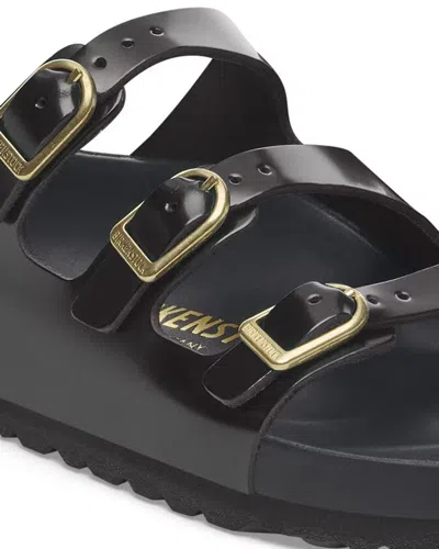 Birkenstock Arizona Sandalwood In Black Patent Leather With Three Buckles In Black