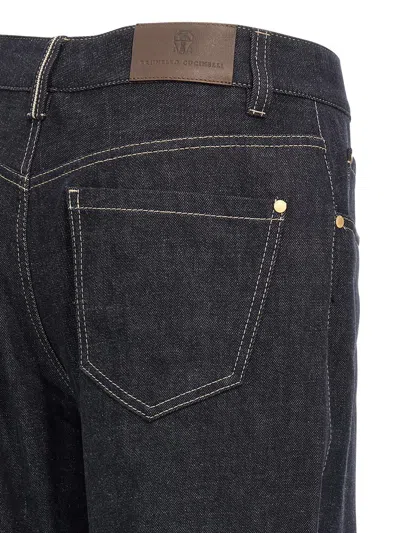 Brunello Cucinelli Women Loose Flared Denim Pants With Moniline In Black