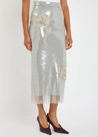 Huishan Zhang Womens Silver Oakley Sequin Woven Midi Skirt In White