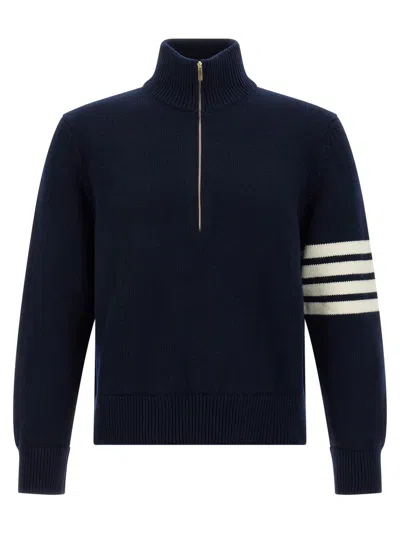 Thom Browne Jersey Stitch Funnel Neck Half Zip Pullover In Merino Wool With 4 Bar Stripe Clothing In Blue