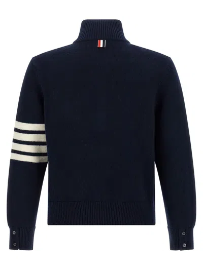 Thom Browne Jersey Stitch Funnel Neck Half Zip Pullover In Merino Wool With 4 Bar Stripe Clothing In Blue