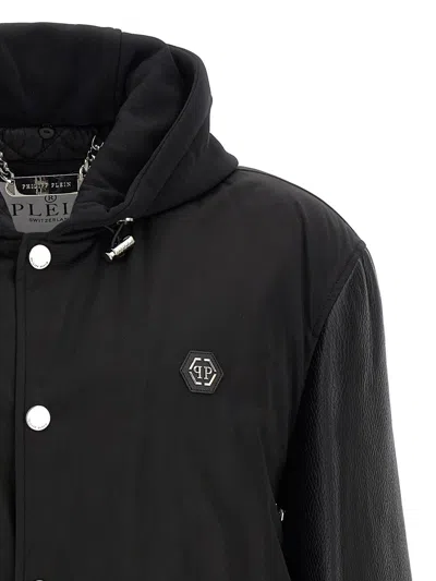Philipp Plein Bomber Jacket Leather Sleeves In Black