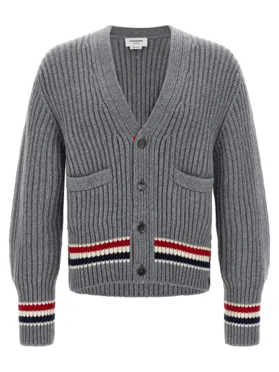 Thom Browne Striped V-neck Cardigan Front Pockets In Gray