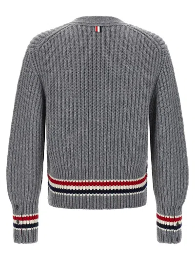 Thom Browne Striped V-neck Cardigan Front Pockets In Gray