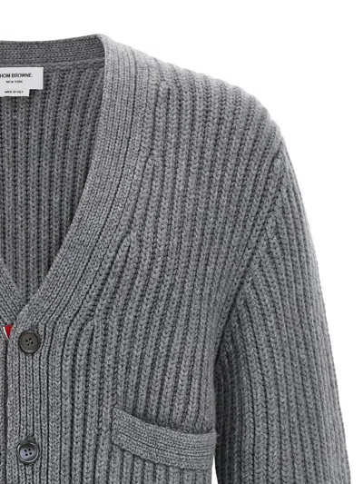 Thom Browne Striped V-neck Cardigan Front Pockets In Gray