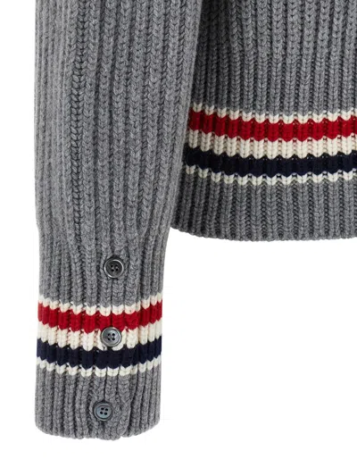 Thom Browne Striped V-neck Cardigan Front Pockets In Gray