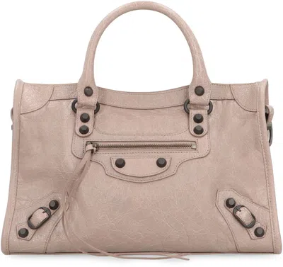 Balenciaga Studded Shoulder Bag With Textured Finish And Top Handle In Pink
