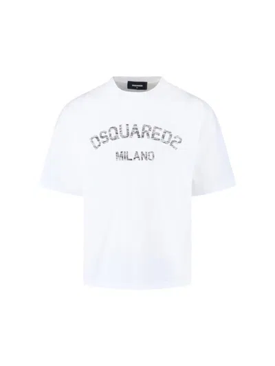 Dsquared2 Loose Fit White Cotton Jersey T-shirt With Vintage-effect Logo In White