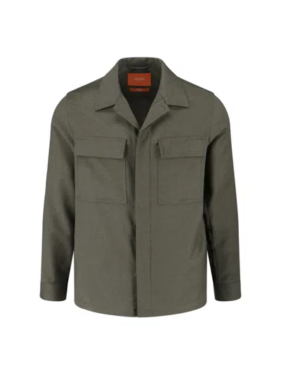 Cruna Structured Wool Shirt Jacket With Classic Collar And Chest Pockets In Green