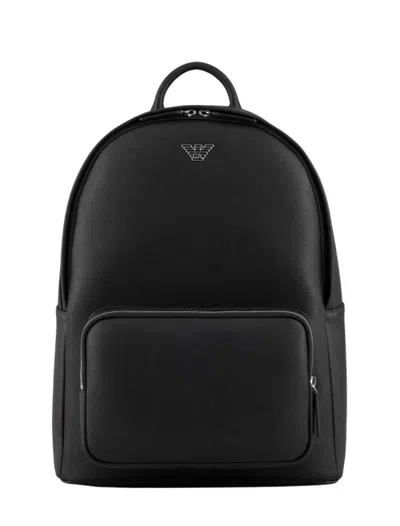 Emporio Armani Asv Regenerated Saffiano Leather Round Backpack With Eagle Plate In Black