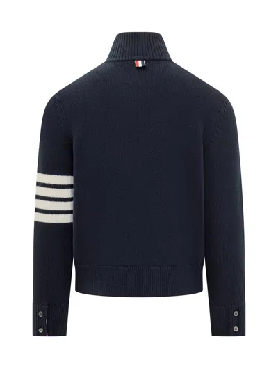 Thom Browne Jersey Stitch Funnel Neck Half Zip Pullover In Merino Wool With 4 Bar Stripe Clothing In Blue
