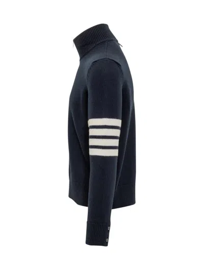 Thom Browne Jersey Stitch Funnel Neck Half Zip Pullover In Merino Wool With 4 Bar Stripe Clothing In Blue