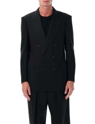Tom Ford Double-breasted Blazer In Broken Twill In Black