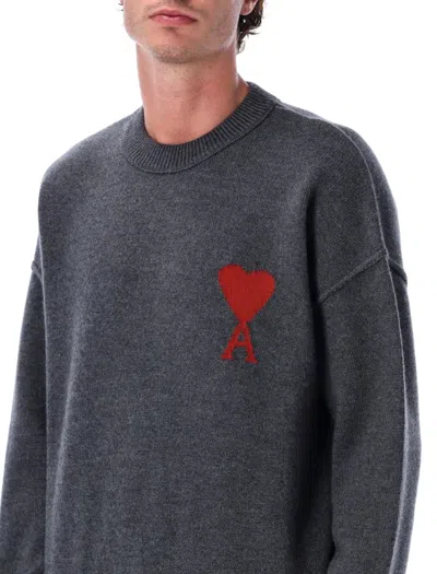 Ami Alexandre Mattiussi Heart Intarsia Wool Knit Crewneck Sweater In Black