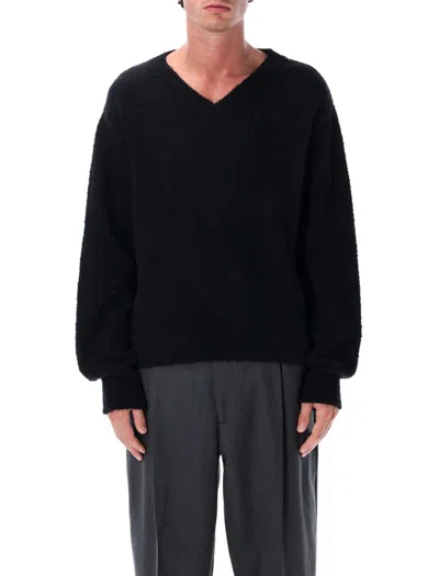 Mfpen Fuzzy Black V-neck Organic Cotton Sweater In Black