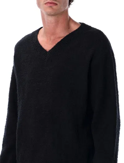 Mfpen Fuzzy Black V-neck Organic Cotton Sweater In Black