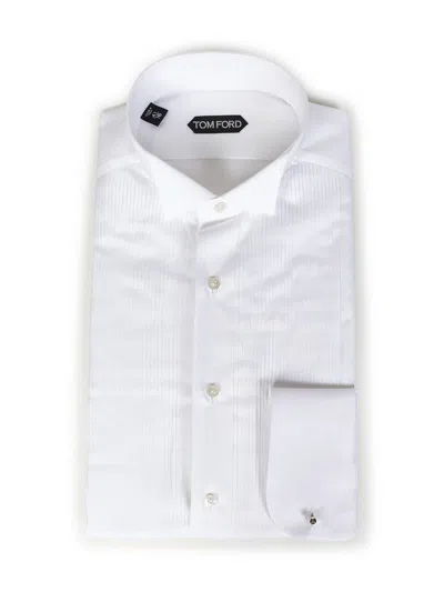 Tom Ford White Cotton Tuxedo Shirt With Pleated Plastron In White