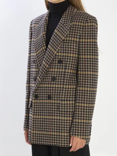 Saint Laurent Double-breasted Check Pattern Long Sleeve Jacket In Black