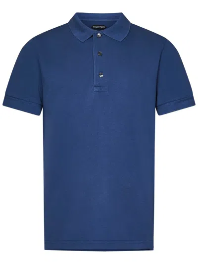 Tom Ford Blue Polo T-shirt With Embroidered Tone On Tone Logo In Cotton Man In Blue