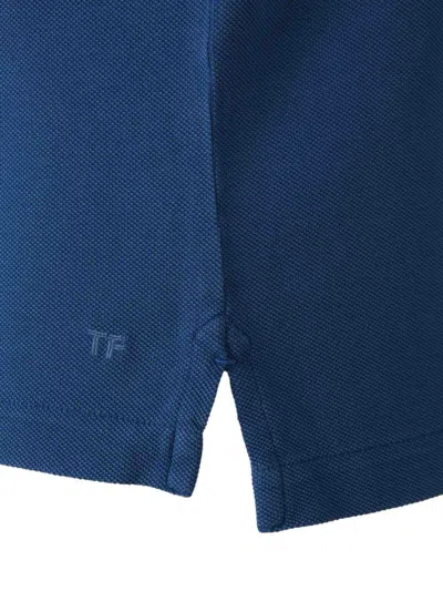 Tom Ford Blue Polo T-shirt With Embroidered Tone On Tone Logo In Cotton Man In Blue