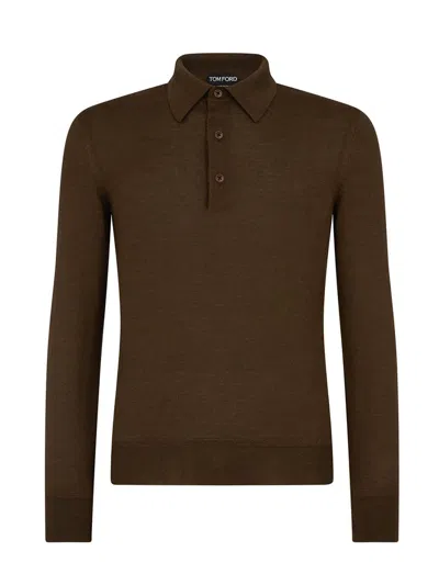 Tom Ford Tobacco Silk And Cashmere Long-sleeved Polo Shirt In Brown