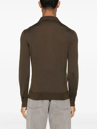 Tom Ford Tobacco Silk And Cashmere Long-sleeved Polo Shirt In Brown
