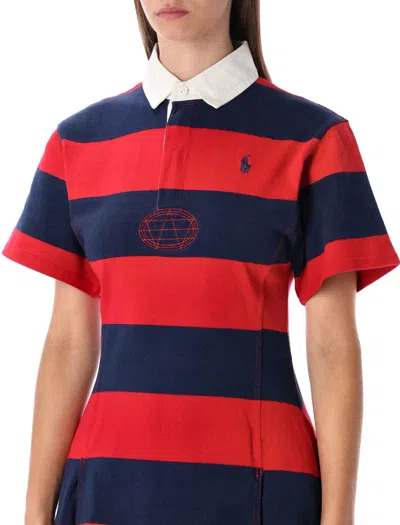 Polo Ralph Lauren Short Sleeve Stripe Cotton Rugby Dress In Red