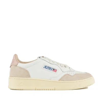 Autry Medalist Low White Leather And Powder And Beige Suede Sneakers In Neutral