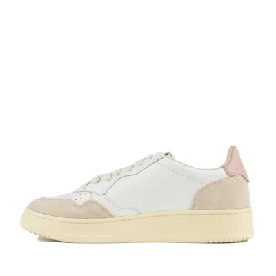 Autry Medalist Low White Leather And Powder And Beige Suede Sneakers In Neutral
