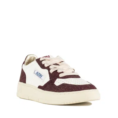 Autry Sneakers Medalist Low In Avory And Burgundy Glittered Leather. In Brown