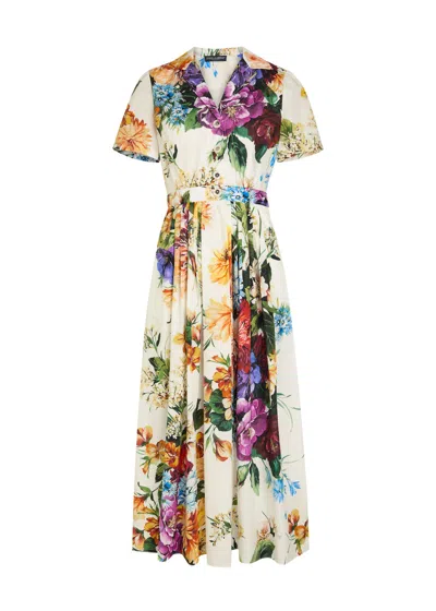 Dolce & Gabbana Midi Poplin Dress With Flower Bouquet Print Dolce E Gabbana In Multi