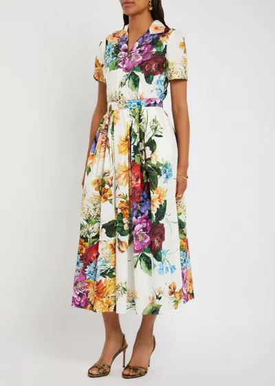 Dolce & Gabbana Midi Poplin Dress With Flower Bouquet Print Dolce E Gabbana In Multi