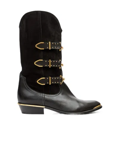 Isabel Marant Decorative Buckle Mid-calf Leather Boots In Black