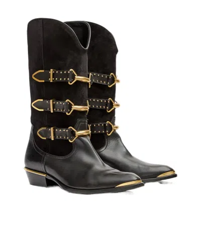 Isabel Marant Decorative Buckle Mid-calf Leather Boots In Black