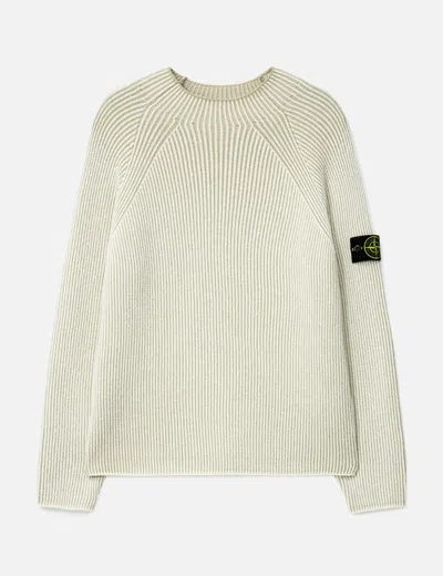 Stone Island White Sweater With Ribbed Design And Logo Patch On Sleeve In Virgin Wool Blend Man In White