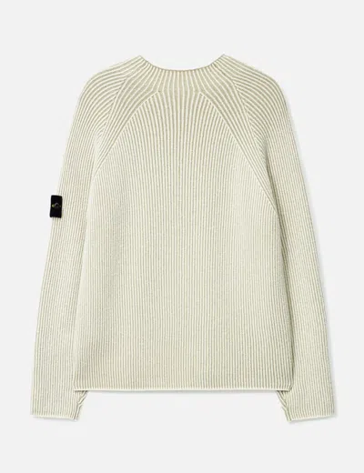 Stone Island White Sweater With Ribbed Design And Logo Patch On Sleeve In Virgin Wool Blend Man In White