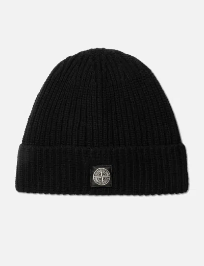 Stone Island Ribbed Knit Beanie With Compass Logo Patch
