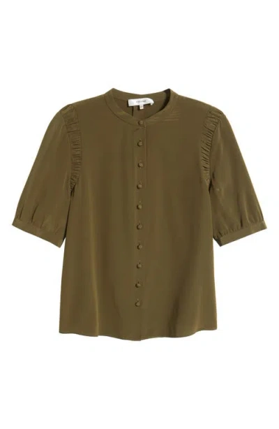 Frame The Silk Gathered Short Sleeve Button-up Shirt In Green
