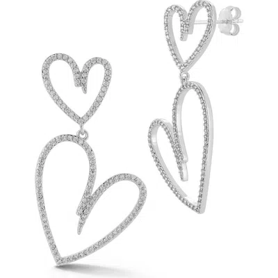 Chloe & Madison Chloe And Madison Double Heart Cubic Zirconia Pavé Drop Earrings In Silver