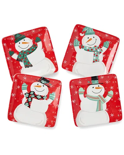 Certified International Christmas Whimsy Snowman Canape Plates, Set Of 4 In Red