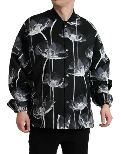 Dolce & Gabbana Black Floral Print Wool Button Down Bomber Jacket In Black