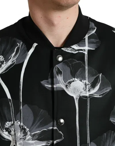 Dolce & Gabbana Black Floral Print Wool Button Down Bomber Jacket In Black