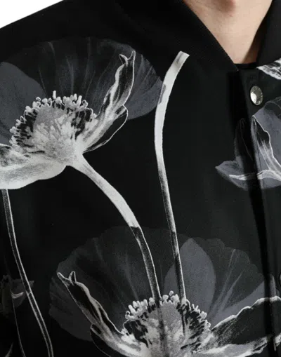 Dolce & Gabbana Black Floral Print Wool Button Down Bomber Jacket In Black