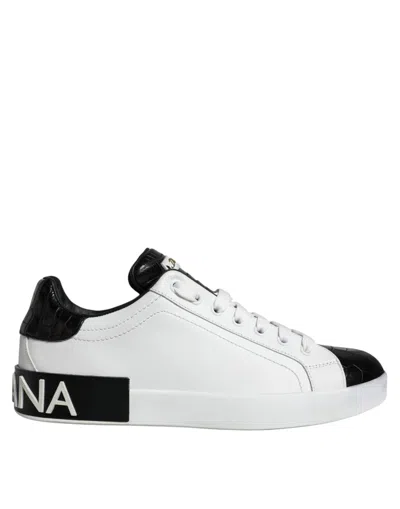 Pre-owned Dolce & Gabbana Black Leather Logo Portofino Sneaker Men's Shoes () In Multi